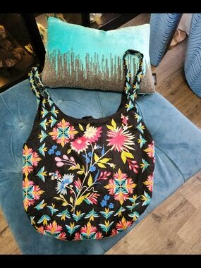 "Johnny Was" Embroidered Floral Boho Shoulder Bag - Black with Bright Flowers